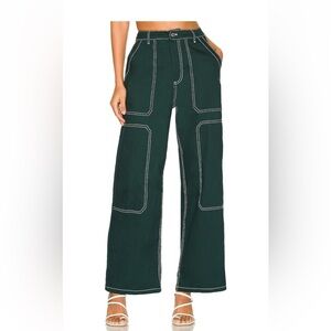 Dark Green Wide-Leg Pants with White Stitching